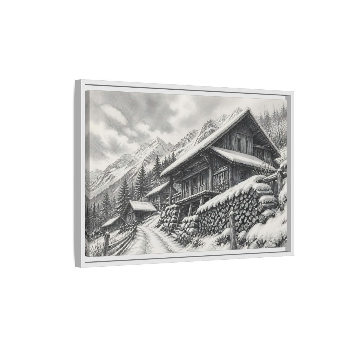 Side Mockup 1. Snowy Mountain Farmhouse shown as framed canvas print