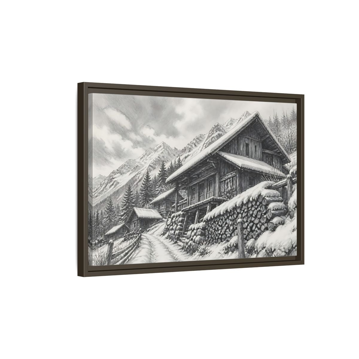 Side Mockup 2. Snowy Mountain Farmhouse shown as framed canvas print