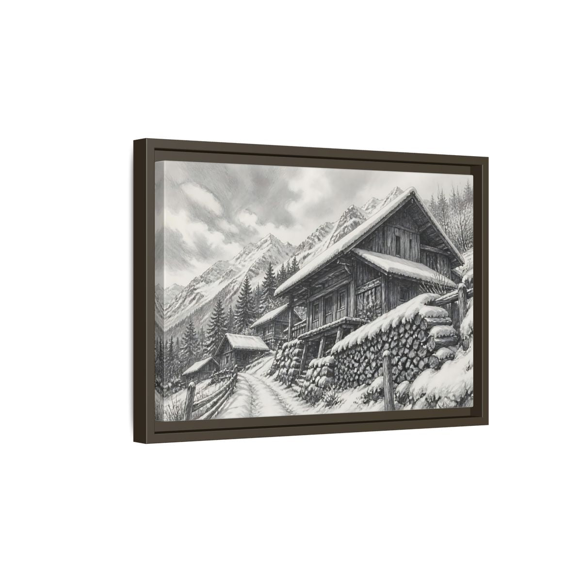 Side Mockup 5. Snowy Mountain Farmhouse shown as framed canvas print