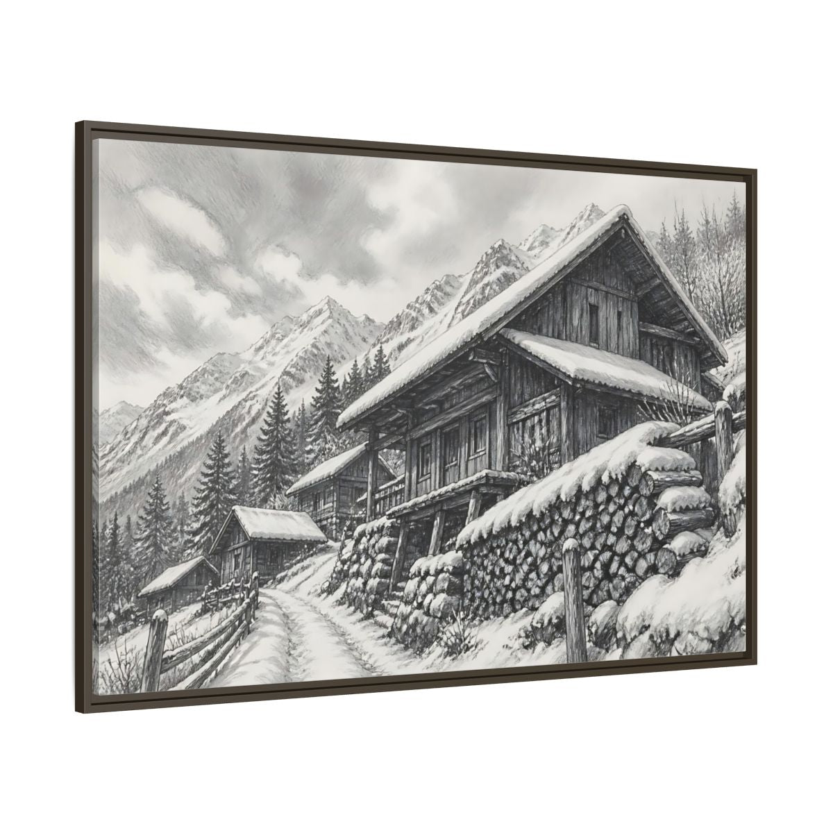 Side Mockup 8. Snowy Mountain Farmhouse shown as framed canvas print