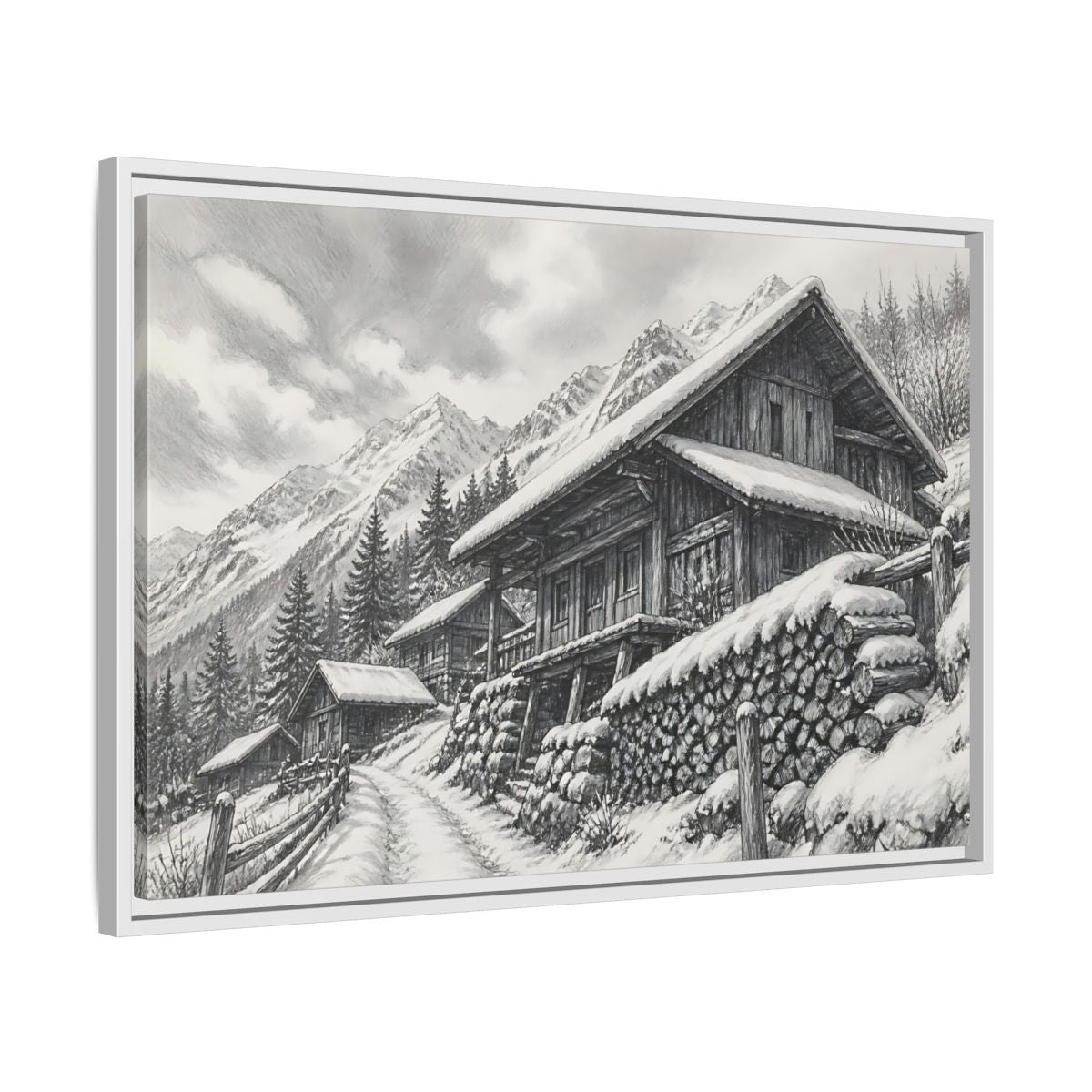 Side Mockup 10. Snowy Mountain Farmhouse shown as framed canvas print