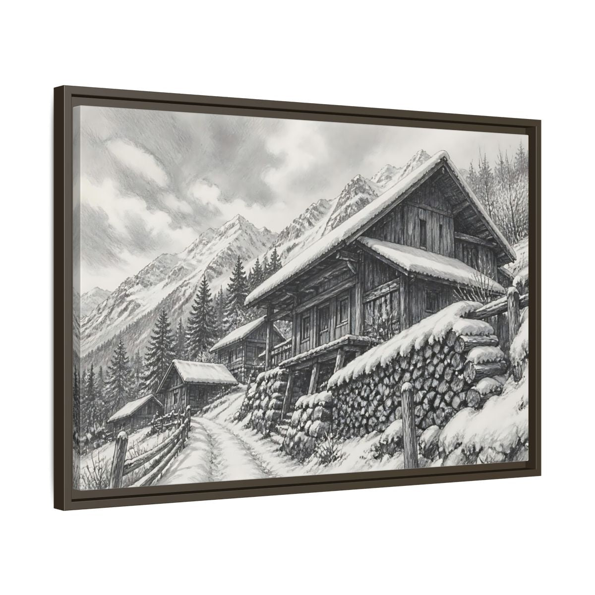 Side Mockup 11. Snowy Mountain Farmhouse shown as framed canvas print