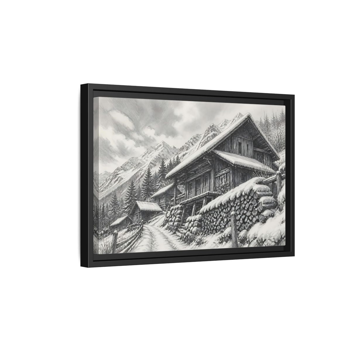 Side Mockup 6. Snowy Mountain Farmhouse shown as framed canvas print