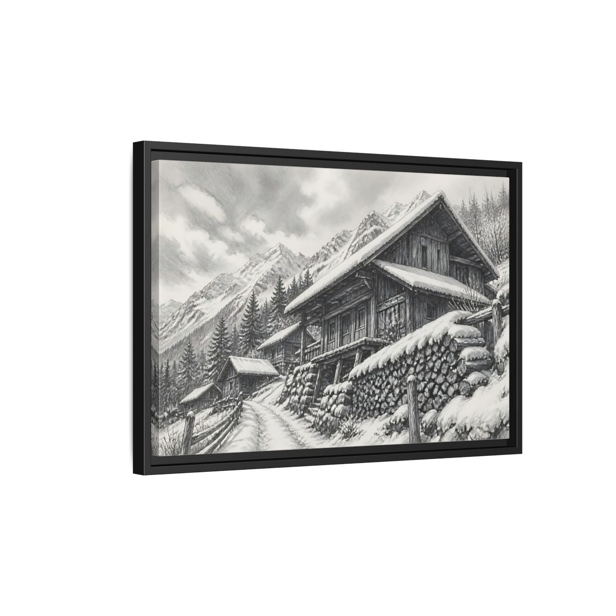 Side Mockup 3. Snowy Mountain Farmhouse shown as framed canvas print