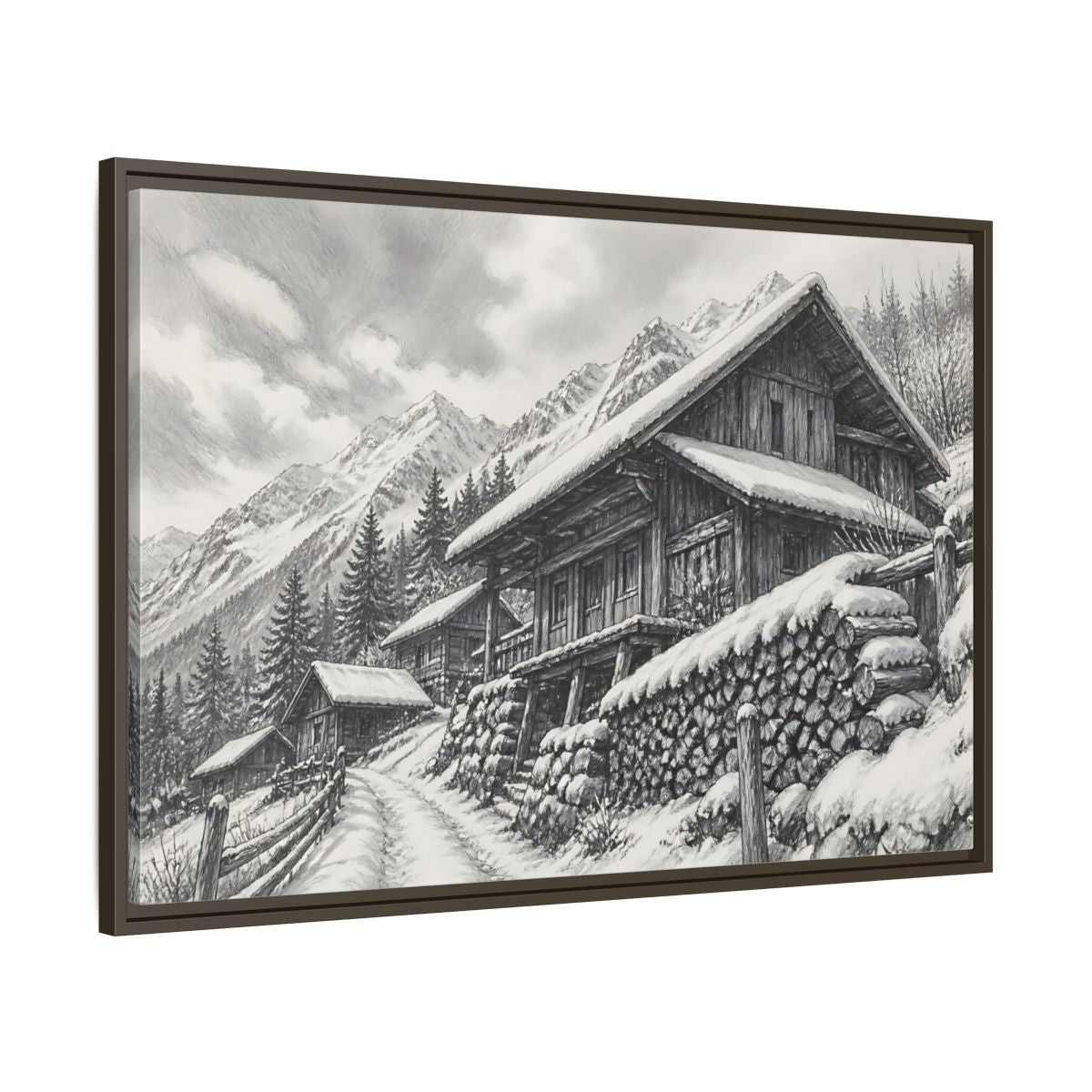 Main Mockup. Snowy Mountain Farmhouse shown as framed canvas print