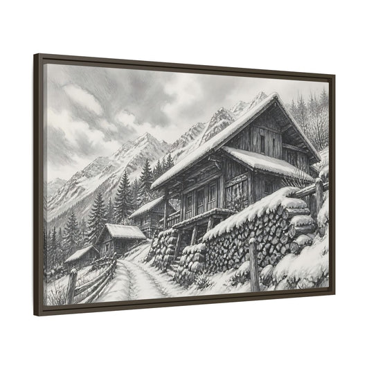 Main Mockup. Snowy Mountain Farmhouse shown as framed canvas print