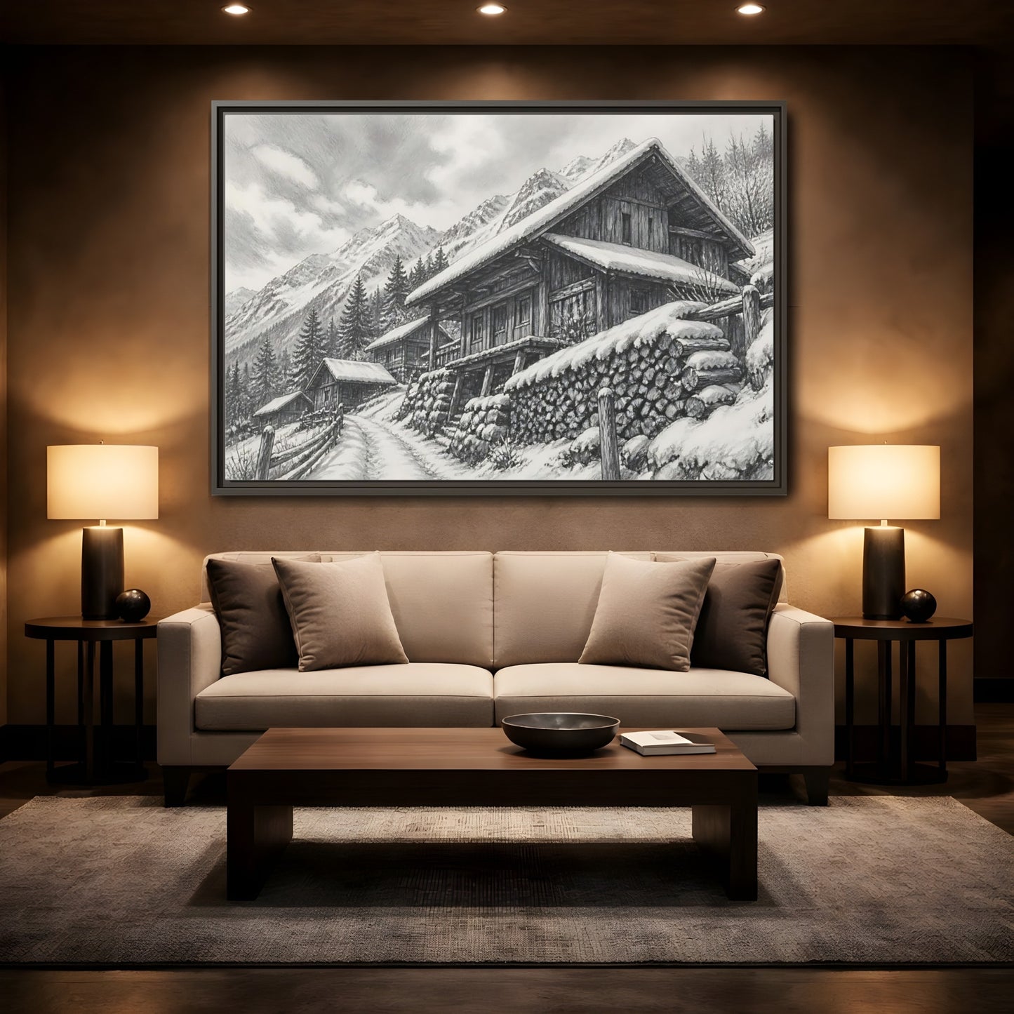 Mockup 2. Snowy Mountain Farmhouse shown as framed canvas print