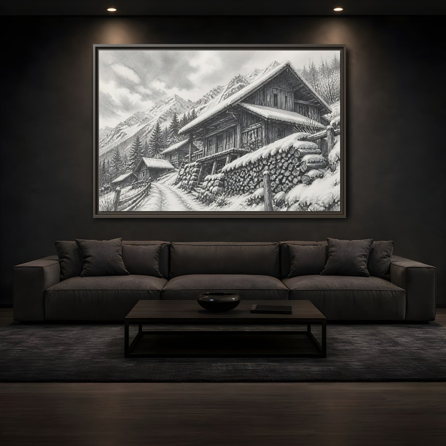 Mockup 3. Snowy Mountain Farmhouse shown as framed canvas print