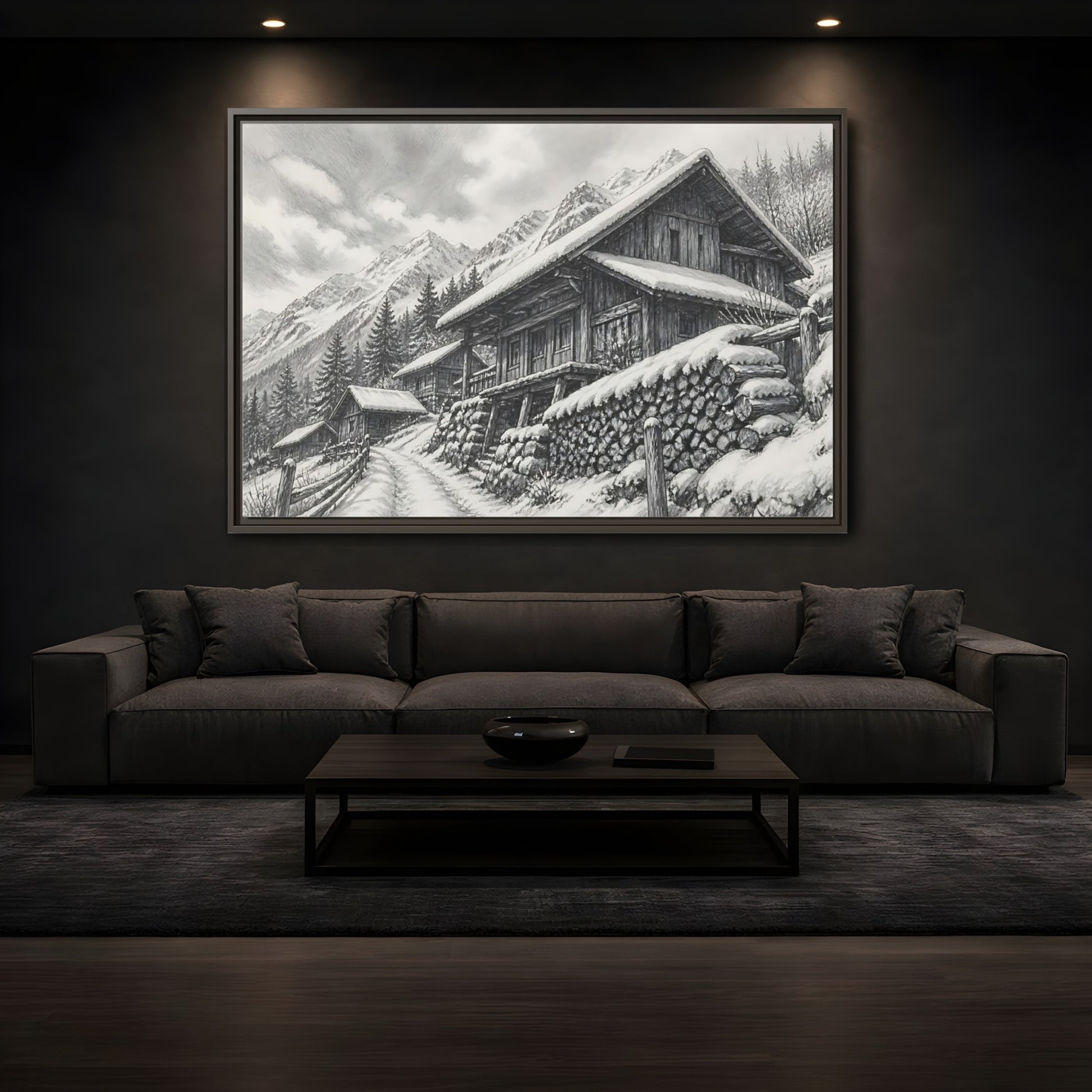 Mockup 3. Snowy Mountain Farmhouse shown as framed canvas print