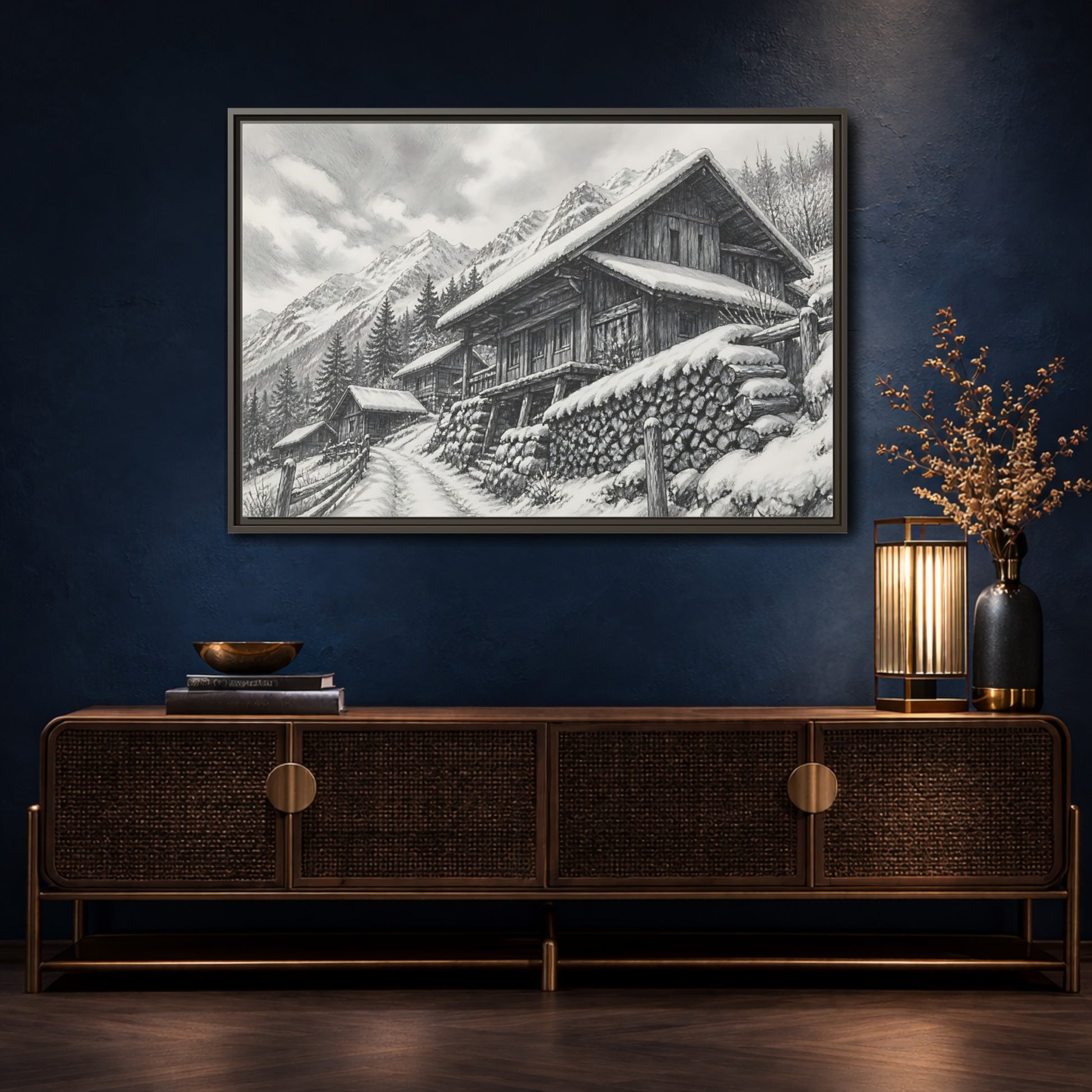 Mockup 4. Snowy Mountain Farmhouse shown as framed canvas print