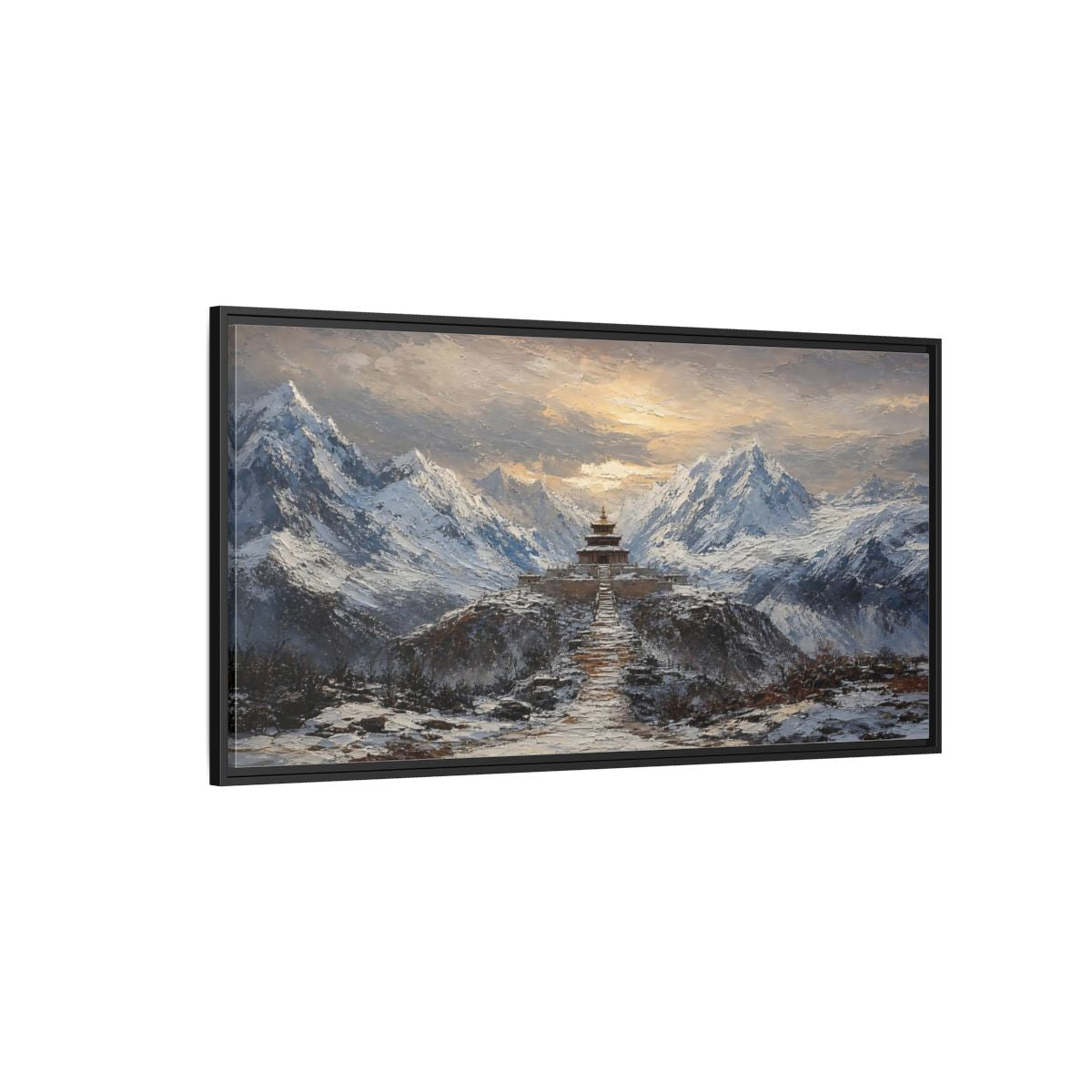 Side Mockup 5. Snowy Mountain Pagoda shown as framed canvas print