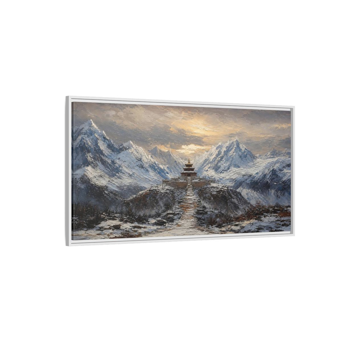 Side Mockup 3. Snowy Mountain Pagoda shown as framed canvas print