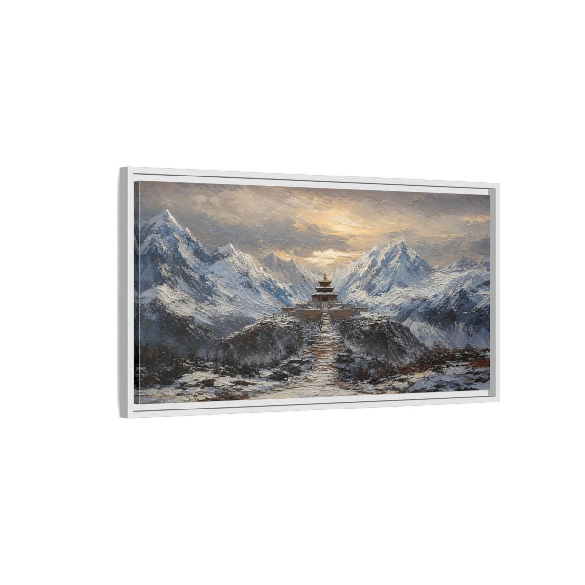 Side Mockup 1. Snowy Mountain Pagoda shown as framed canvas print