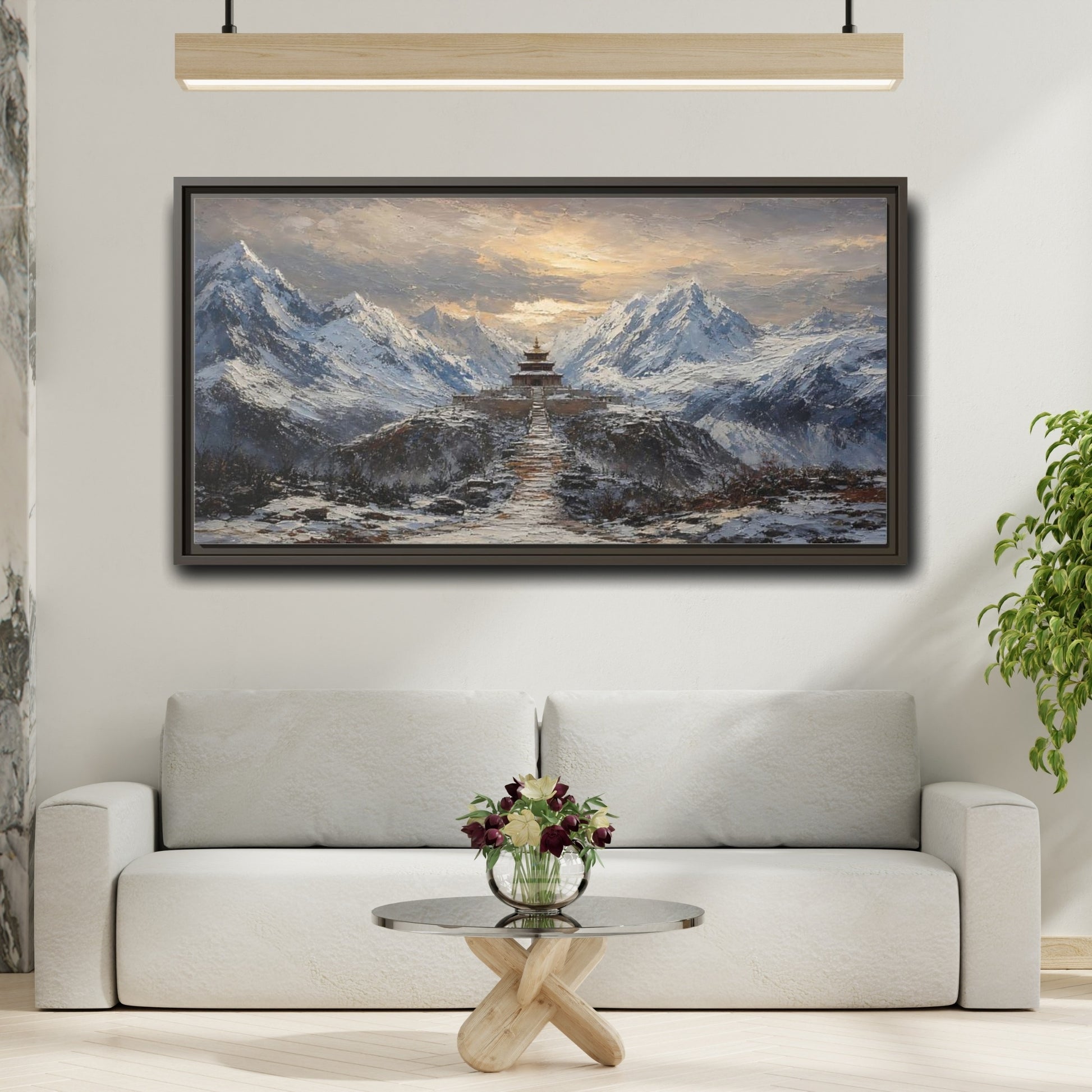 Mockup 2. Snowy Mountain Pagoda shown as framed canvas print