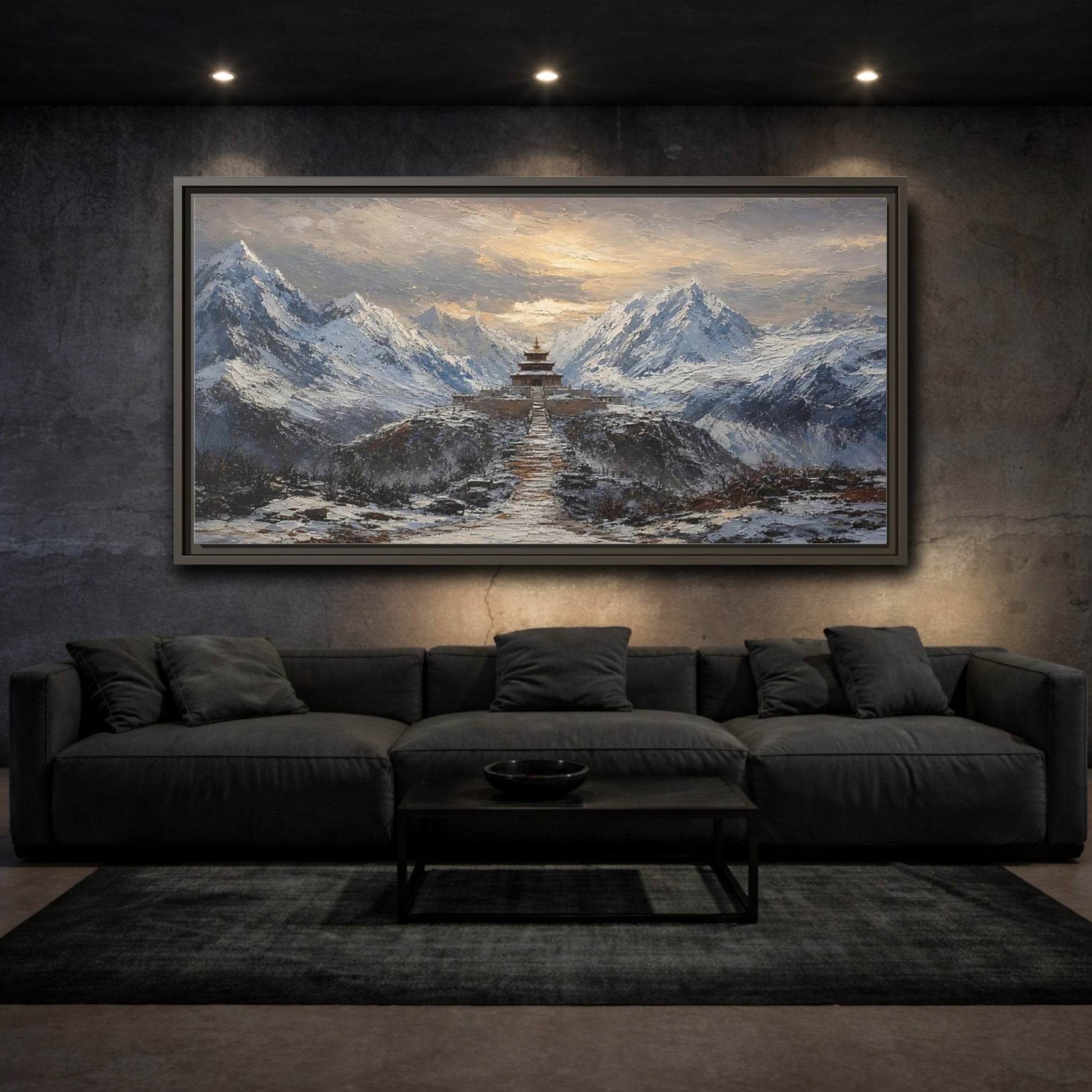 Mockup 3. Snowy Mountain Pagoda shown as framed canvas print