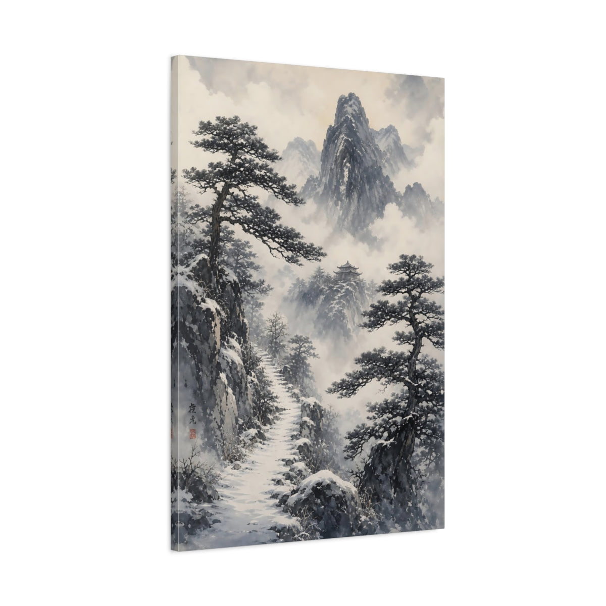 Main Mockup. Snowy Mountain Temple Path shown as canvas print