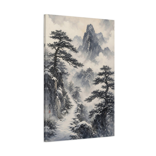 Main Mockup. Snowy Mountain Temple Path shown as canvas print