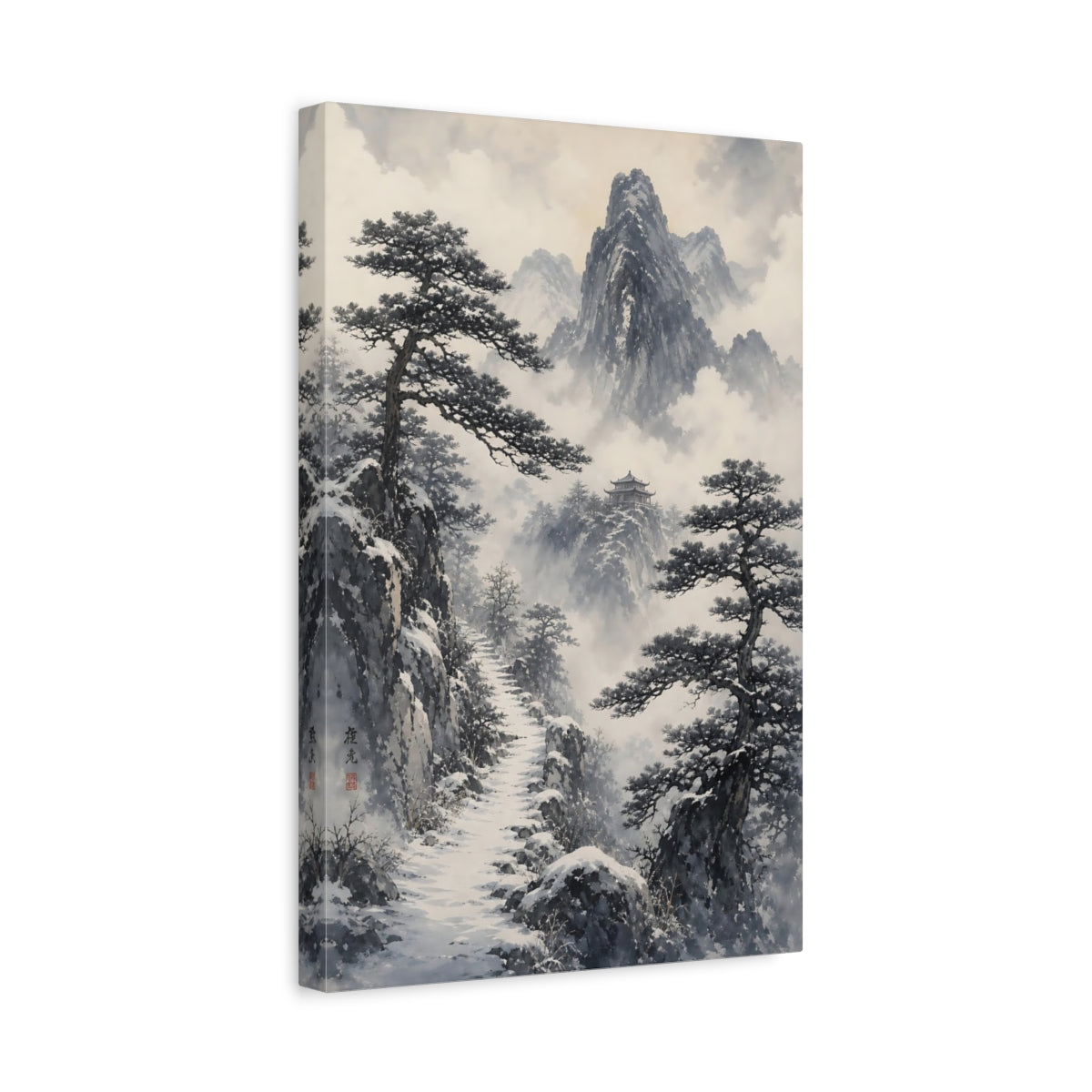 Side Mockup 4. Snowy Mountain Temple Path shown as canvas print