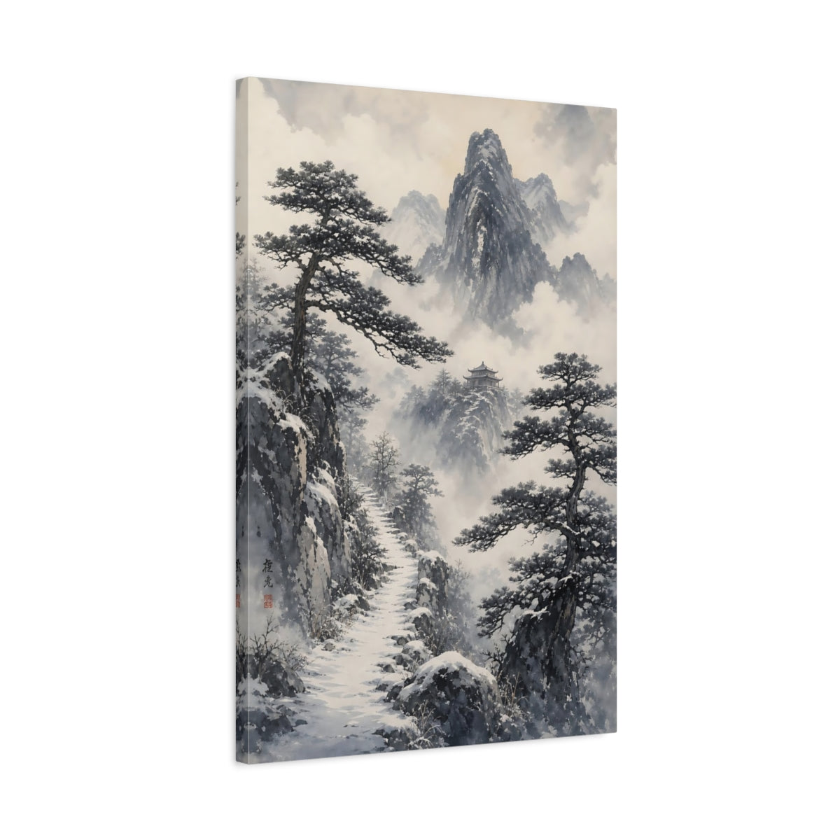 Side Mockup 2. Snowy Mountain Temple Path shown as canvas print