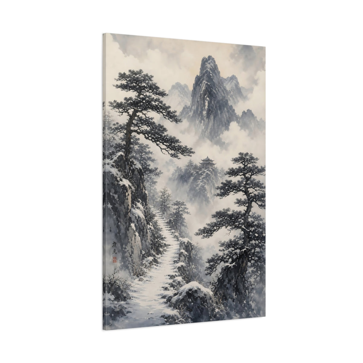 Side Mockup 1. Snowy Mountain Temple Path shown as canvas print