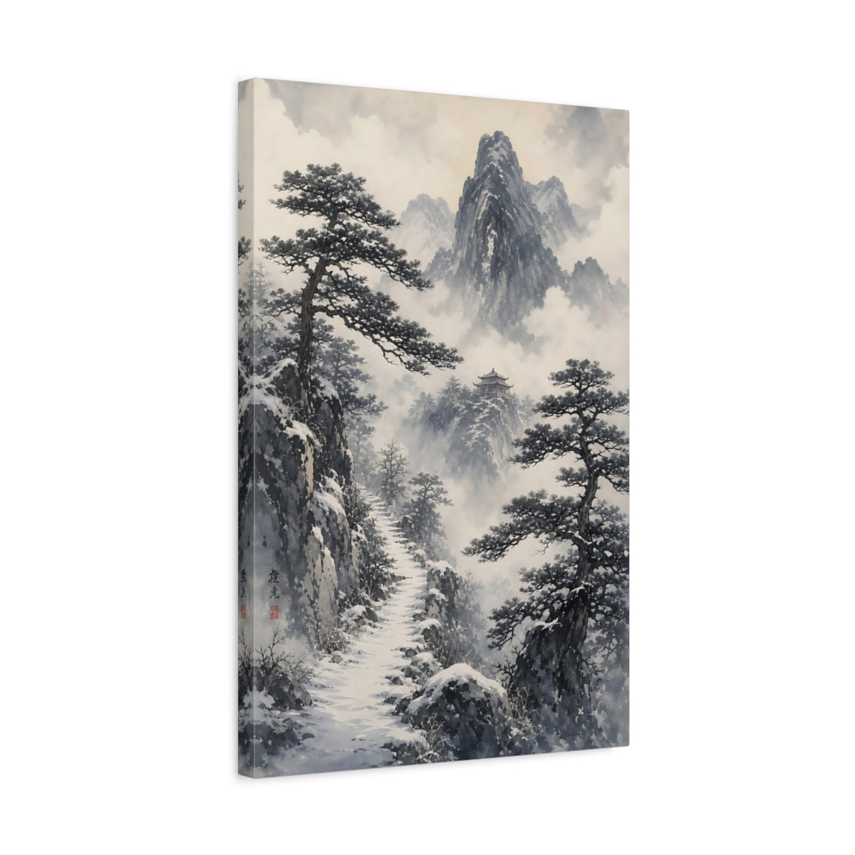 Side Mockup 3. Snowy Mountain Temple Path shown as canvas print