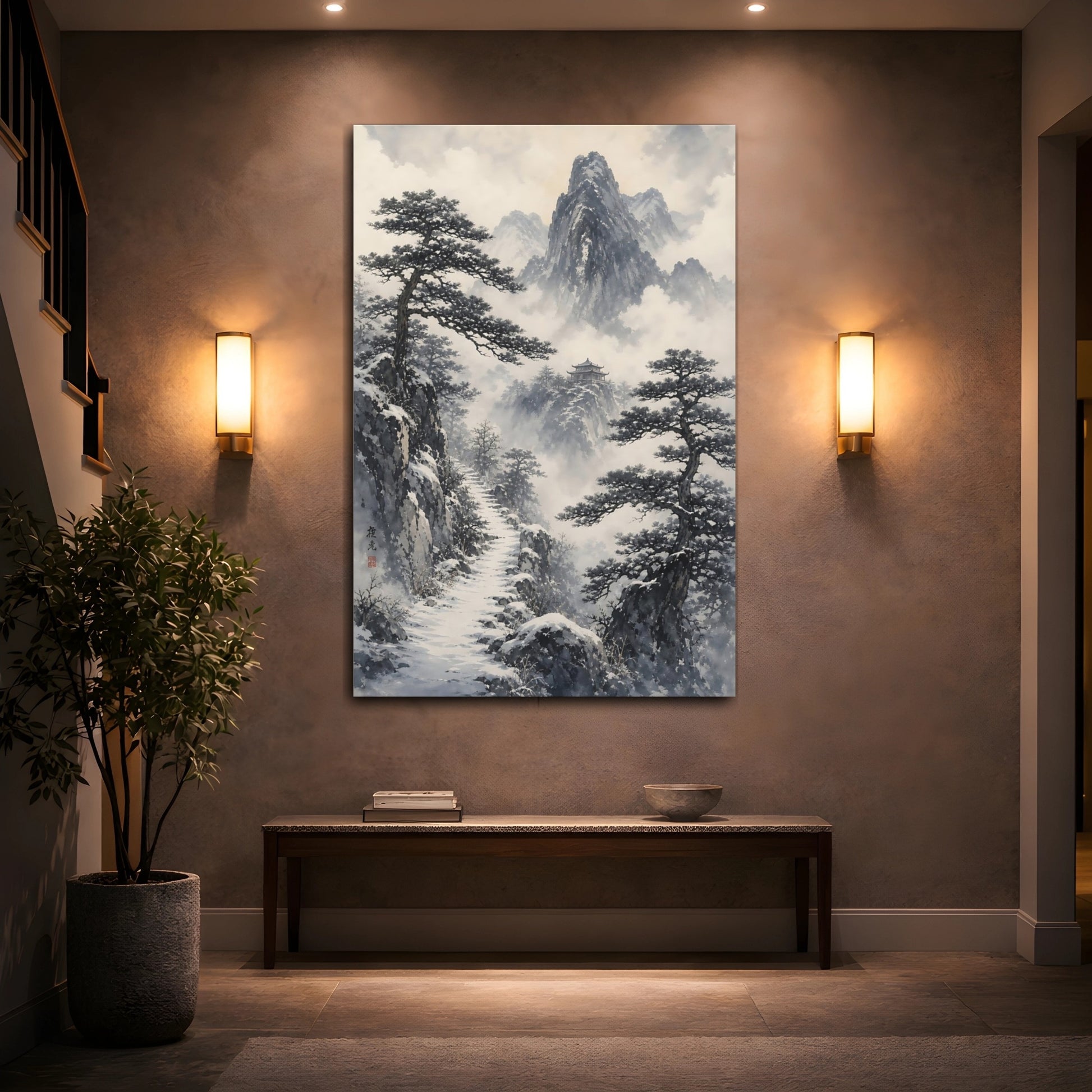 Mockup 2. Snowy Mountain Temple Path shown as canvas print