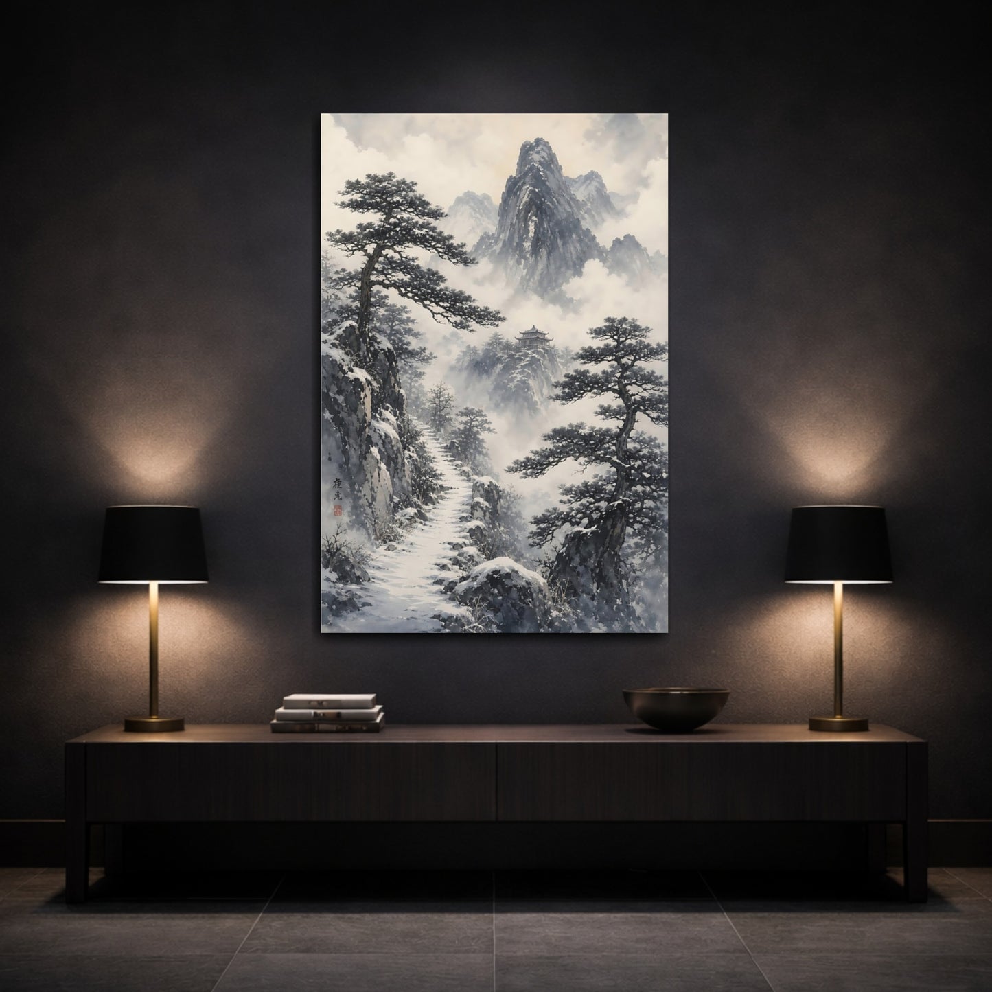 Mockup 3. Snowy Mountain Temple Path shown as canvas print