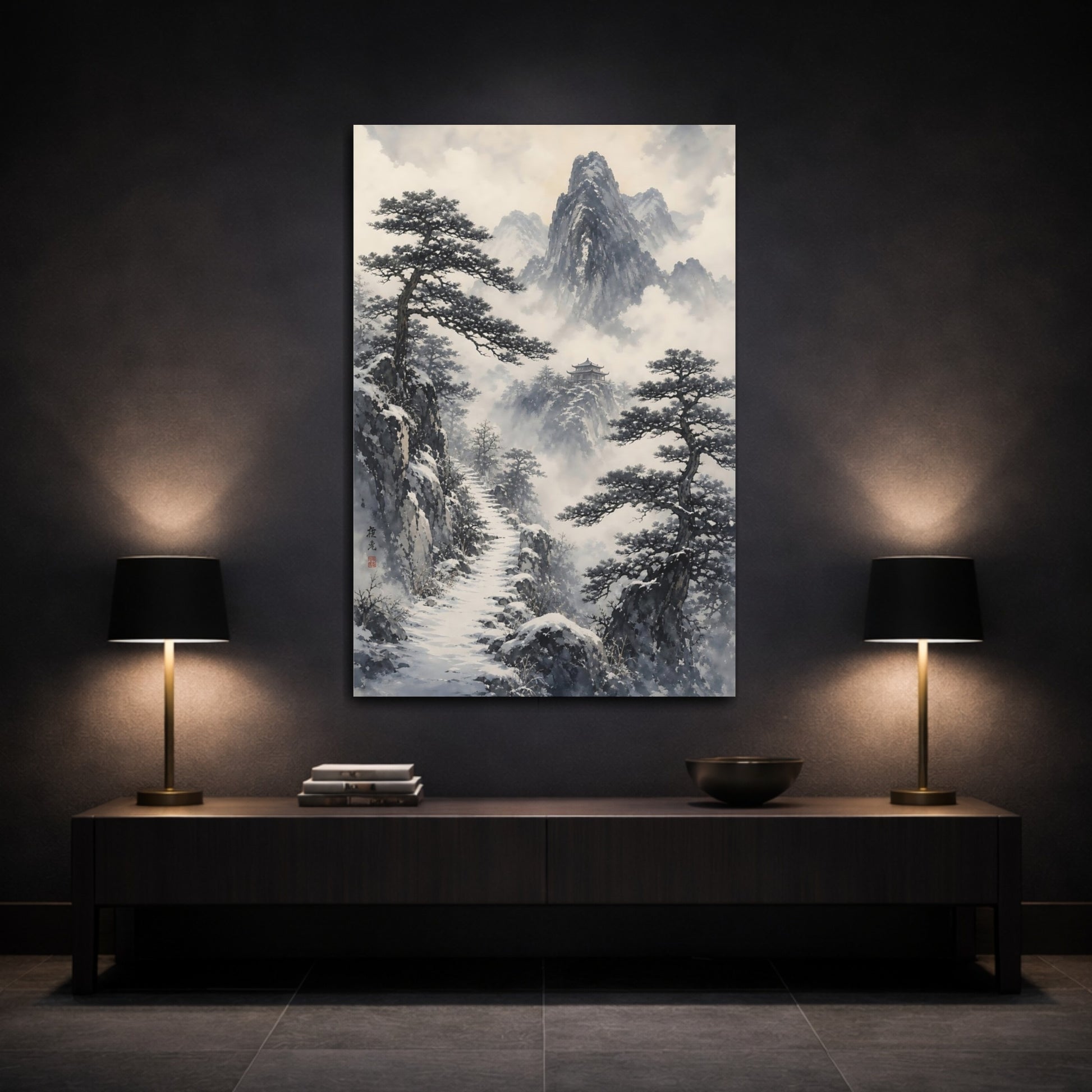 Mockup 3. Snowy Mountain Temple Path shown as canvas print