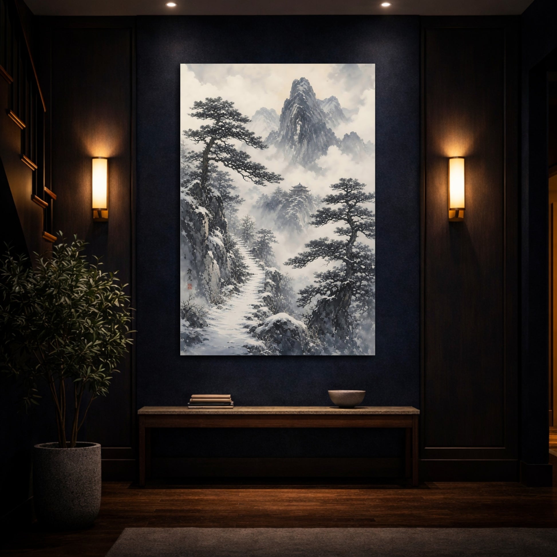 Mockup 4. Snowy Mountain Temple Path shown as canvas print