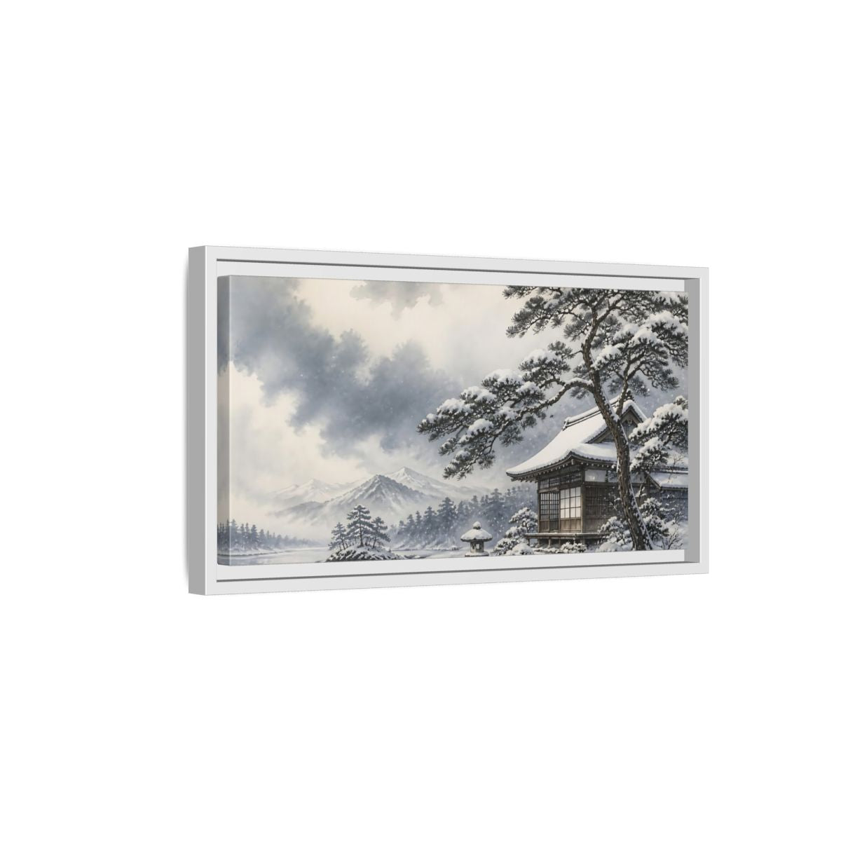 Side Mockup 6. Snowy Teahouse By Pine shown as framed canvas print