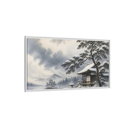 Side Mockup 3. Snowy Teahouse By Pine shown as framed canvas print