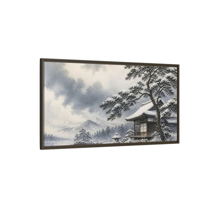 Side Mockup 4. Snowy Teahouse By Pine shown as framed canvas print
