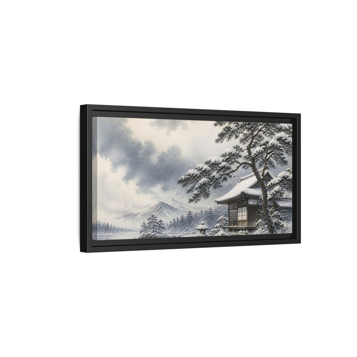 Side Mockup 8. Snowy Teahouse By Pine shown as framed canvas print