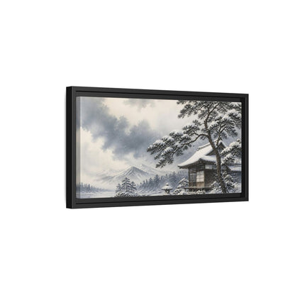 Side Mockup 8. Snowy Teahouse By Pine shown as framed canvas print