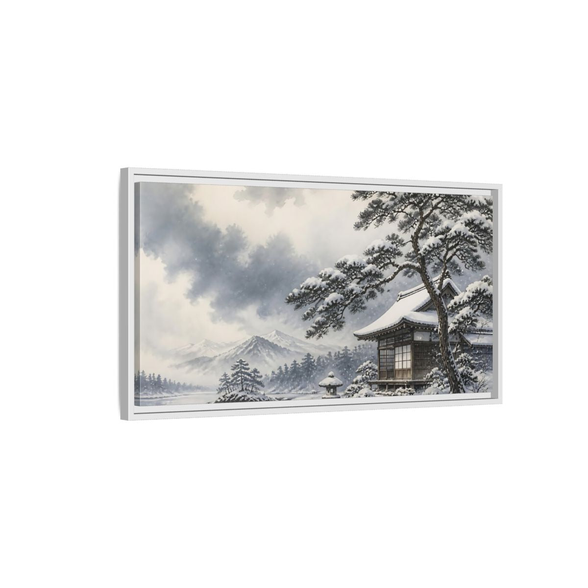 Side Mockup 1. Snowy Teahouse By Pine shown as framed canvas print