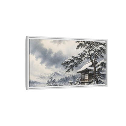 Side Mockup 1. Snowy Teahouse By Pine shown as framed canvas print