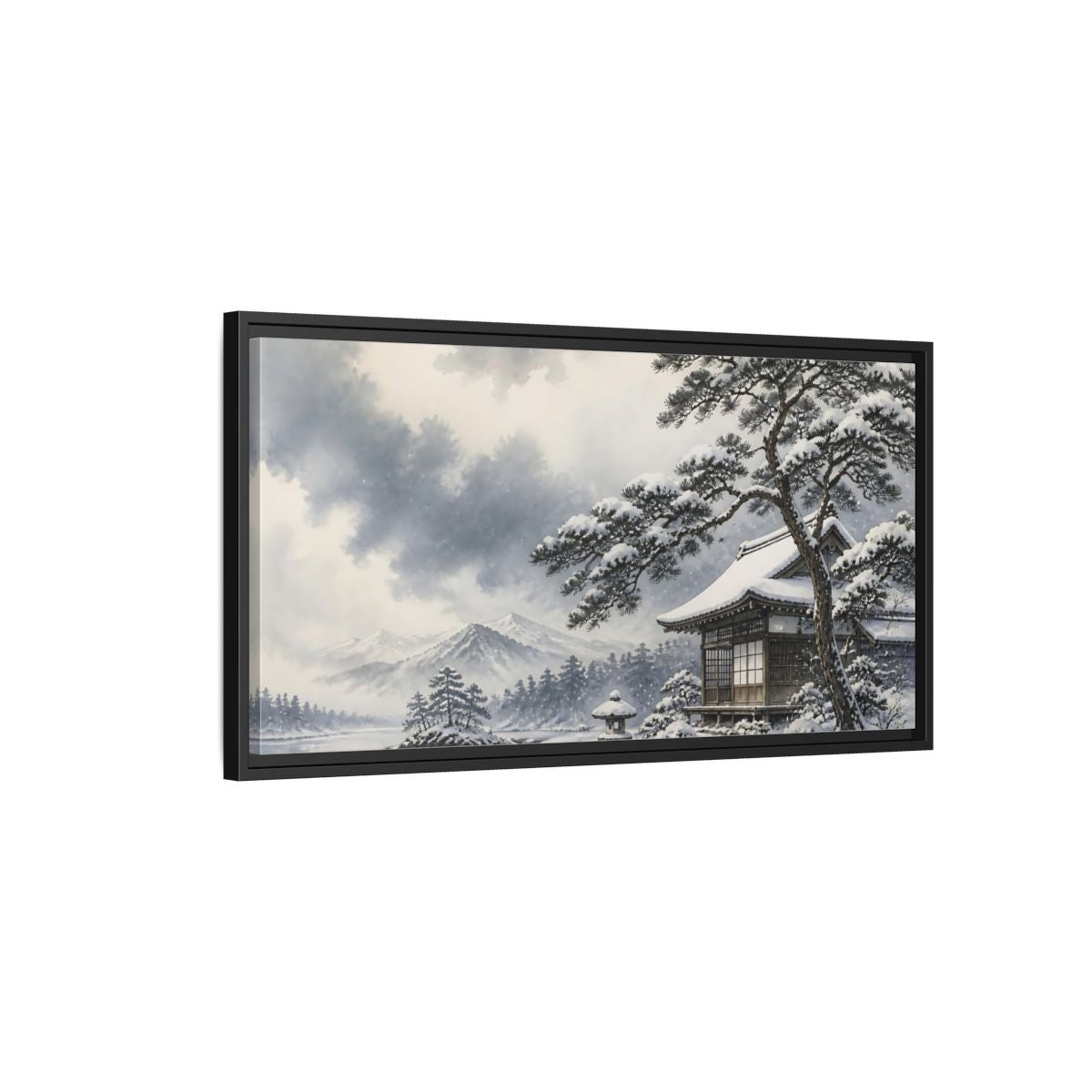 Side Mockup 2. Snowy Teahouse By Pine shown as framed canvas print
