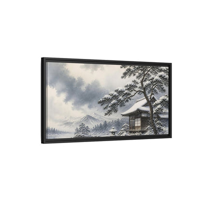 Side Mockup 2. Snowy Teahouse By Pine shown as framed canvas print