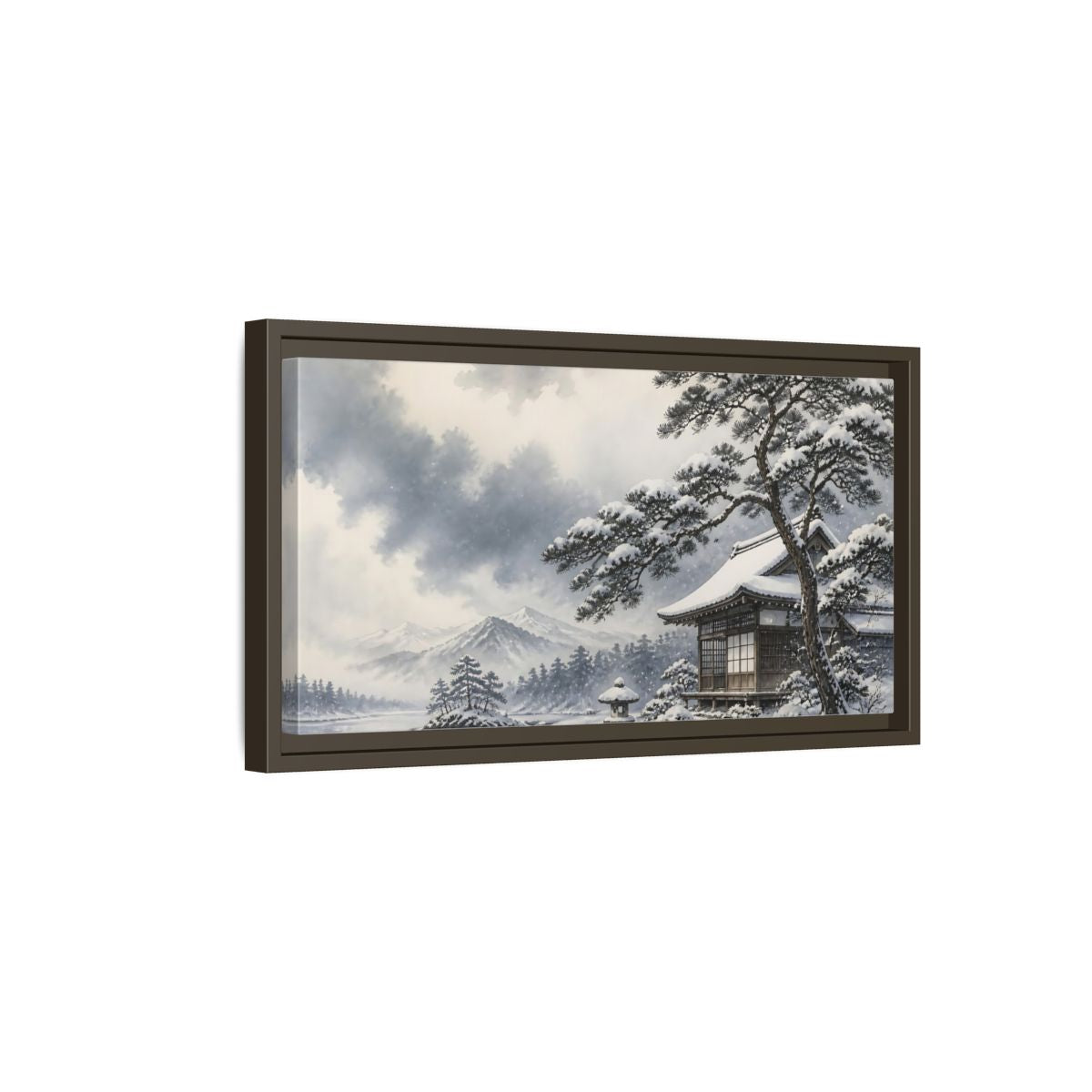 Side Mockup 7. Snowy Teahouse By Pine shown as framed canvas print