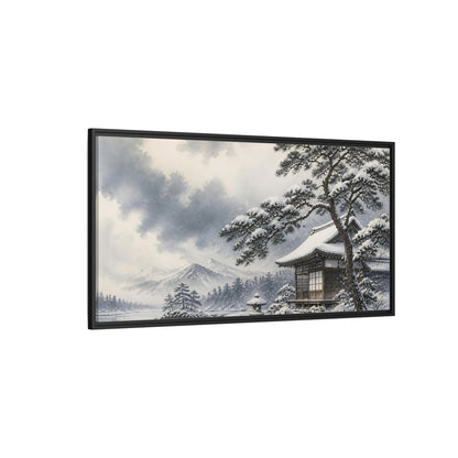 Side Mockup 5. Snowy Teahouse By Pine shown as framed canvas print