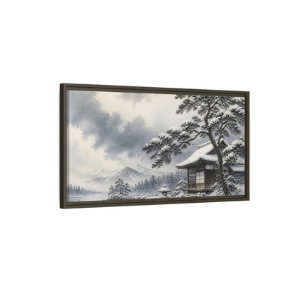 Main Mockup. Snowy Teahouse By Pine shown as framed canvas print