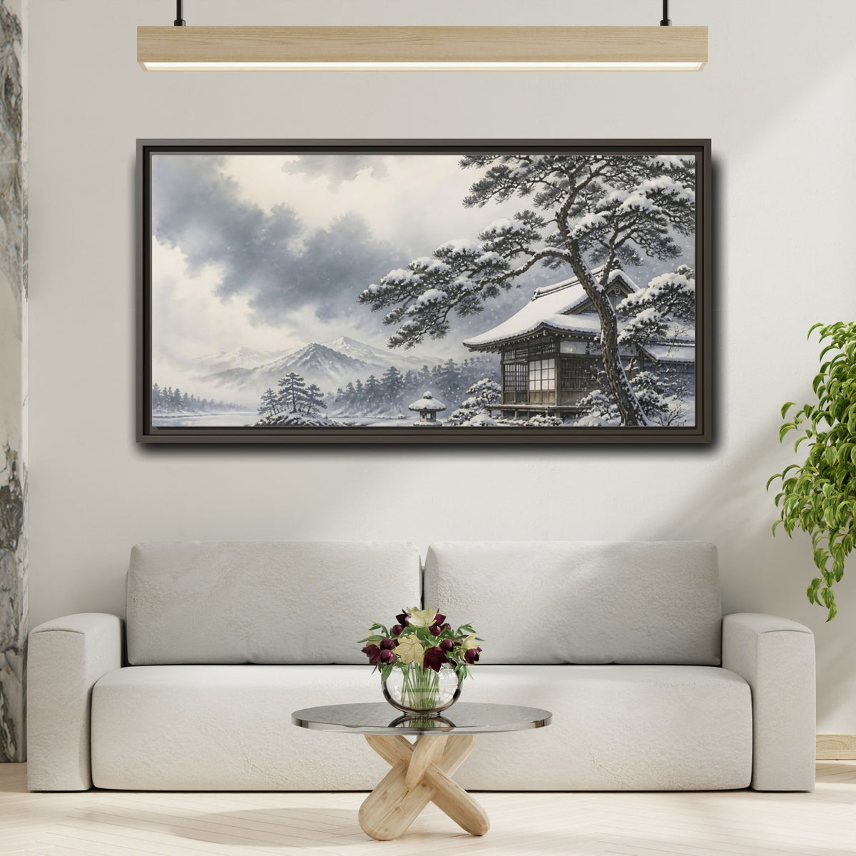 Mockup 2. Snowy Teahouse By Pine shown as framed canvas print