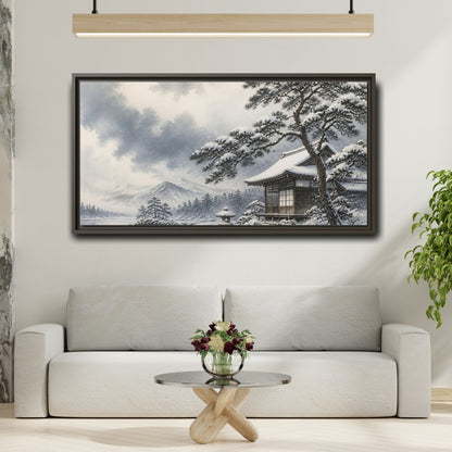 Mockup 2. Snowy Teahouse By Pine shown as framed canvas print