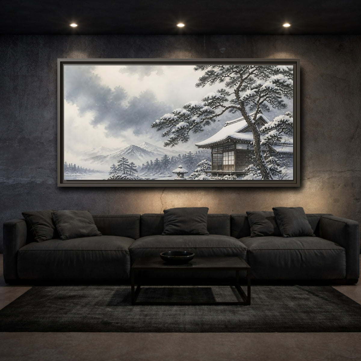 Mockup 3. Snowy Teahouse By Pine shown as framed canvas print