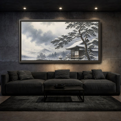 Mockup 3. Snowy Teahouse By Pine shown as framed canvas print