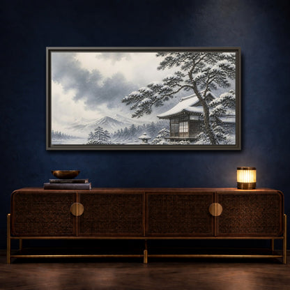 Mockup 4. Snowy Teahouse By Pine shown as framed canvas print