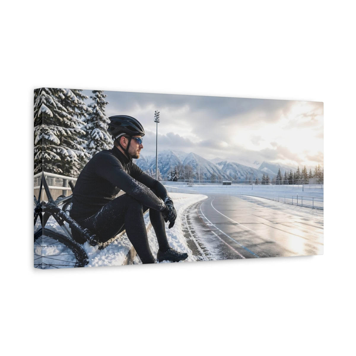 Side Mockup 3. Snowy Track Cyclist shown as canvas print