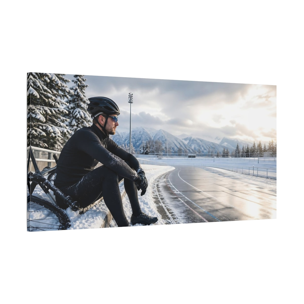 Side Mockup 2. Snowy Track Cyclist shown as canvas print