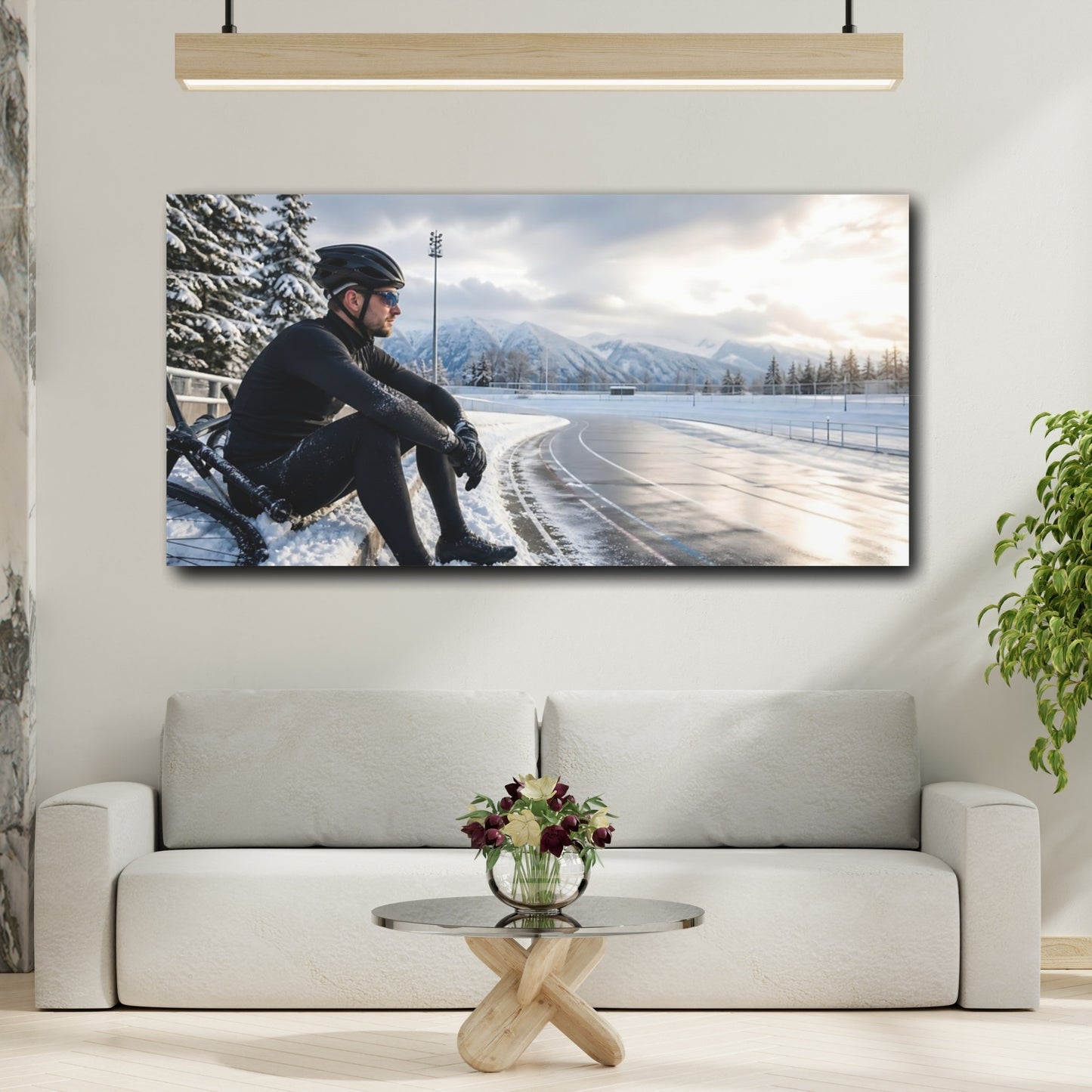 Mockup 2. Snowy Track Cyclist shown as canvas print