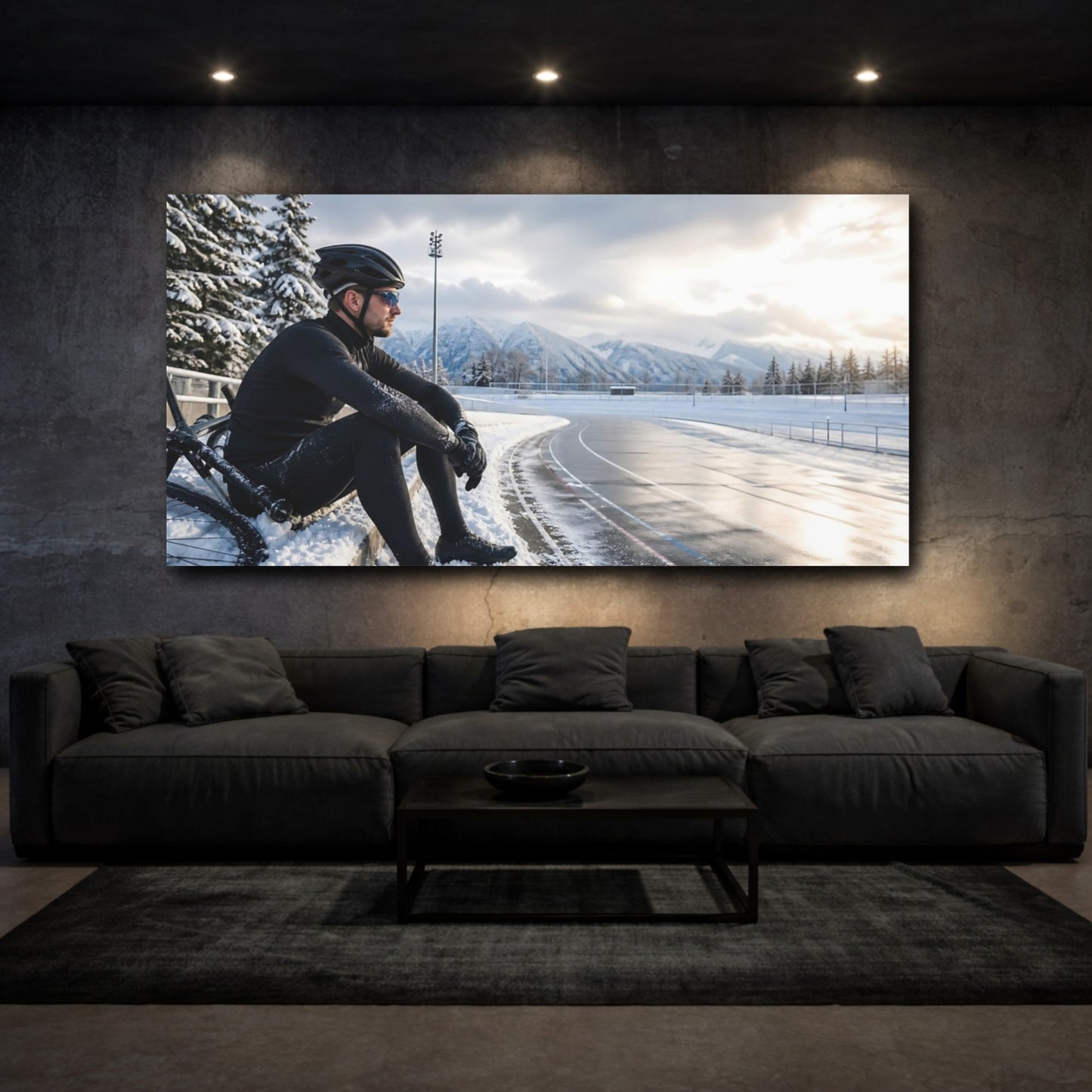 Mockup 3. Snowy Track Cyclist shown as canvas print